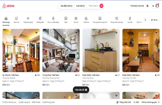 Giao diện web Airbnb