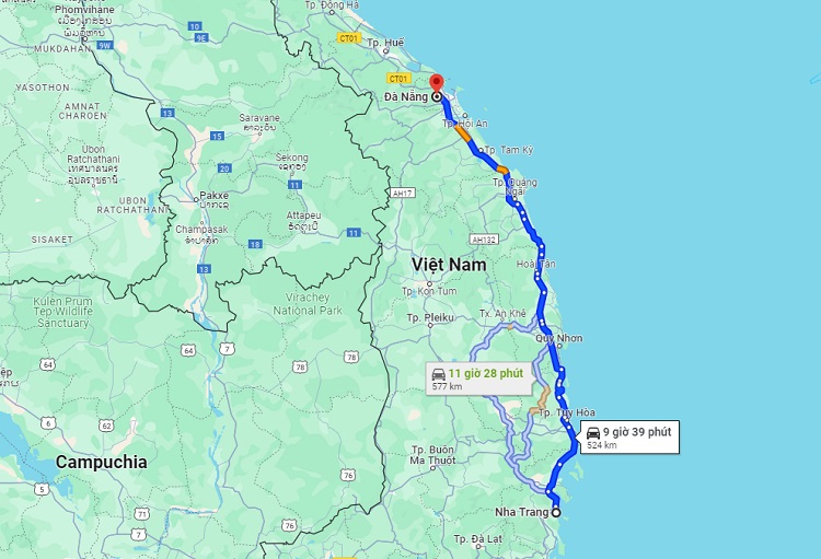 khoảng cách từ Nha Trang đến Đà Nẵng